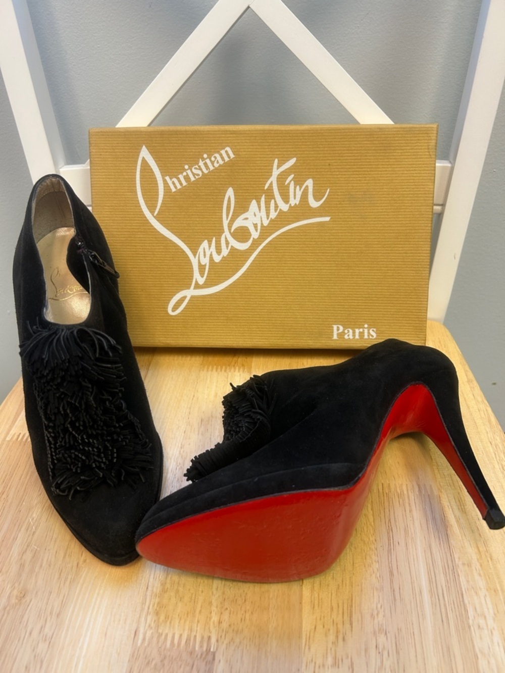 Authentic Christian Louboutin Goya Suede Fringe Black Bootie 10 US w/ Shoe Bags